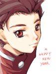 brown_hair lloyd_irving male red_eyes short_hair simple_background solo tales_of_symphonia 