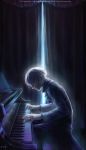  blue curtains grand_piano hands highres instrument light male original piano piano_bench playing_instrument profile solo watermark wenqing_yan white_hair window yuumei 