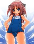  asai_china blue_eyes cloud flat_chest hair_ribbon hands_on_hips highres loli long_hair naz one-piece_swimsuit original ponytail red_hair redhead ribbon school_swimsuit sky solo swimsuit tsurime 