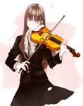  bangs blunt_bangs bolo_tie bow_(instrument) brown_hair cherry_blossoms closed_eyes formal hime_cut instrument original petals shikishima_(eiri) shikishima_(pixiv) solo violin 