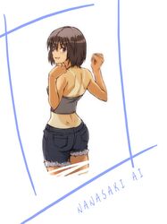  1girl amagami arms_up back black_eyes black_hair denim denim_shorts dimples_of_venus halter_top halterneck looking_back nanasaki_ai short_hair shorts smile solo tamago tan tank_top tanline 