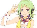  goggles_around_neck green_eyes green_hair gumi headset short_hair simple_background smile solo vocaloid 
