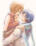  1girl blue_hair brown_hair comforting couple detached_sleeves hug kaito light male meiko scarf short_hair tears vocaloid 