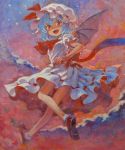  absurdres acrylic_paint_(medium) ama-tou bat_wings blue_hair bobby_socks fang flying hat highres looking_back open_mouth red_eyes remilia_scarlet short_hair smile socks solo touhou traditional_media wings 