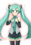  blush detached_sleeves glasses green_eyes green_hair hatsune_miku long_hair necktie pino_(birthdayparty) pino_(pixiv) skirt smile thigh-highs thighhighs translated translation_request twintails very_long_hair vocaloid zettai_ryouiki 