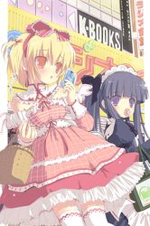  akihabara bangs basket blunt_bangs bow dress furude_rika gothic_lolita gyuunyuuou hair_bow higurashi_no_naku_koro_ni houjou_satoko lolita_fashion long_hair maid maid_headdress pacifier real_world_location short_hair short_twintails sweet_lolita thigh-highs thighhighs tissue tokyo_(city) translated twintails zettai_ryouiki 