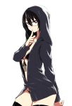  black_hair black_legwear black_thighhighs bottomless breasts chan_co darth_wooser finger_to_mouth flat_chest glasses highres hood hoodie long_hair original red_eyes shushing solo thigh-highs thighhighs 
