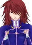  brown_hair hair_over_one_eye kratos_aurion male short_hair simple_background solo tales_of_symphonia 