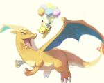  balloon bishamon_(usagi_ba) bright_pupils charizard fang fire flame gen_1_pokemon green_eyes highres looking_back no_humans open_mouth pikachu pokemon pokemon_(creature) symbol_commentary tongue white_pupils 