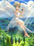  1girl bare_legs blonde_hair blush bow cloud_hair clouds dress floating forest giant giantess hair_bow handa_roko highres holding idolmaster idolmaster_million_live! nature oi! outdoors solo twintails white_dress yellow_eyes 