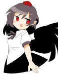  1girl :d bangs bird_wings black_hair black_neckwear black_skirt black_wings cropped_legs eyebrows_visible_through_hair from_side hat ini_(inunabe00) looking_at_viewer open_mouth pointy_ears red_eyes red_headwear shameimaru_aya shirt short_sleeves simple_background skirt smile solo tokin_hat touhou white_background white_shirt wings 