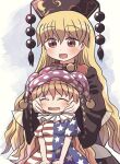  2girls :d american_flag_dress black_dress blonde_hair clownpiece dress eyebrows_visible_through_hair fairy_wings hands_on_another&#039;s_cheeks hands_on_another&#039;s_face hat headdress jester_cap junko_(touhou) long_hair long_sleeves looking_at_another multiple_girls neck_ruff open_mouth polka_dot_headwear purple_headwear red_eyes rokugou_daisuke short_sleeves smile star_(symbol) star_print striped striped_dress tabard touhou transparent_wings wide_sleeves wings 