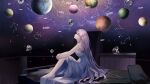  1girl absurdres bed blue_eyes commentary constellation dress english_commentary fish from_side full_body hands_on_own_knees highres hugging_own_legs long_hair looking_up mo_qingxian pink_hair planet sitting sky solo space star_(sky) starry_sky strapless strapless_dress tadatsu very_long_hair vocaloid vsinger white_dress 