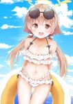  1girl arms_behind_back azu_ruril blue_archive blush breasts clouds collarbone commentary_request eyewear_on_head halo hifumi_(blue_archive) innertube light_brown_hair navel open_mouth sky small_breasts solo sunglasses swimsuit yellow_eyes 
