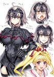  2girls ahoge armor blonde_hair breasts clenched_teeth crescent crescent_earrings earrings fate/grand_order fate_(series) gauntlets hair_ribbon headpiece highres hiyohiyo jeanne_d&#039;arc_(alter)_(fate) jeanne_d&#039;arc_(fate)_(all) jewelry kaitou_jeanne kamikaze_kaitou_jeanne kusakabe_maron large_breasts multiple_girls namesake open_mouth ponytail red_eyes ribbon silver_hair skirt smile sweatdrop teeth thigh-highs translation_request yellow_eyes 