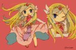 1girl artist_name back belt blonde_hair blue_eyes blush closed_mouth curtsey dress floating_hair full_body gloves jewelry long_dress long_hair looking_up multicolored_hair multiple_persona necklace open_mouth pink_dress princess_zelda skirt_hold solo the_legend_of_zelda the_legend_of_zelda:_spirit_tracks the_legend_of_zelda:_the_wind_waker tiara tokuura toon_zelda 