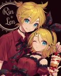  1boy 1girl ;o alternate_costume bare_shoulders black_bow black_neckwear black_ribbon blonde_hair blue_eyes bow bowtie breasts brother_and_sister cherry choker collarbone cup dessert dress dress_straps food fruit grin hair_bow hair_ornament hairclip highres holding holding_cup ice_cream kagamine_len kagamine_rin lace-trimmed_dress lace_trim looking_at_viewer one_eye_closed picking_fruit red_dress red_nails red_shirt ribbed_dress ribbon shirt short_hair short_ponytail short_sleeves siblings small_breasts smile twins u2hara vocaloid 