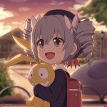  1girl :d artist_request backpack bag bangs black_headwear black_jacket bronya_zaychik clouds cloudy_sky doll_hug drill_hair grey_eyes grey_hair hair_between_eyes hair_ornament holding homu_(honkai_impact) honkai_(series) honkai_impact_3rd jacket lamppost long_sleeves official_art open_mouth outdoors school_uniform sky smile solo stuffed_toy tree twin_drills younger 