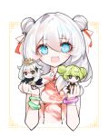  3girls :&gt; :3 :d ai-chan_(honkai_impact) bangs blue_eyes bracelet chibi china_dress chinese_clothes chinese_new_year closed_mouth company_connection double_bun dress error1980 genshin_impact green_hair hair_between_eyes hair_ornament hairpin halo holding honkai_(series) honkai_impact_3rd jewelry long_hair looking_at_viewer mihoyo_technology_(shanghai)_co._ltd. multiple_girls open_mouth paimon_(genshin_impact) scarf short_sleeves simple_background smile theresa_apocalypse white_background white_hair 