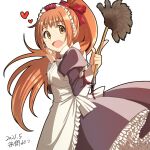  1girl :d apron bangs black_dress bow brown_eyes clenched_hand dress feather_duster frilled_dress frills hair_bow heart highres idolmaster idolmaster_cinderella_girls index_finger_raised juliet_sleeves long_sleeves looking_at_viewer maid maid_apron open_mouth orange_hair puffy_sleeves red_bow simple_background smile solo standing wakabayashi_tomoka white_background yoyotu 
