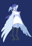  1girl absurdres bangs bird bird_legs blue_background blue_eyes blue_hair blue_theme blunt_bangs dress english_commentary eyebrows_visible_through_hair feathered_wings feathers harpy head_wings highres long_hair mixed-language_commentary monster_girl original solo talons tsuki_no_waguma white_dress white_feathers winged_arms wings 