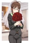  1girl akizuki_ritsuko antenna_hair blurry blurry_background blush bouquet bridal_veil brown_eyes brown_hair cowboy_shot embarrassed flower formal glasses highres holding holding_bouquet idolmaster indoors long_sleeves pant_suit pants red_flower red_rose rose solo suit tsurui veil 