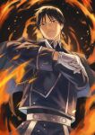  1boy absurdres adjusting_clothes aiguillette amestris_military_uniform backlighting black_eyes black_hair blue_jacket blue_pants closed_eyes clothes_grab collared_jacket dark_background darkness expressionless fire flame fullmetal_alchemist gloves hands_up hara_kenshi head_tilt highres jacket looking_at_viewer male_focus military military_uniform motion_blur pants roy_mustang snapping_fingers sparks spiky_hair tsurime uniform upper_body white_gloves 