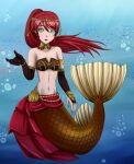  1girl :d air_bubble breasts collarbone eyebrows_visible_through_hair female green_hair looking_at_viewer mermaid navel open_mouth ponytail pyrrha_nikos redhead rwby seashell_bra solo underwater water zerorespect_bot 