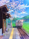  bench blue_sky building cherry_blossoms clouds day door english_commentary field grass ground_vehicle highres landscape mirror mountainous_horizon no_humans original outdoors plant potted_plant railing railroad_tracks sabishiiyoru scenery shed sky spring_(season) train train_station train_station_platform tree_branch utility_pole window 