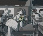  :d absurdres avogado6 bag brown_hair brown_sailor_collar brown_skirt chalkboard classroom colored_skin commentary_request desk giving grey_eyes highres holding indoors looking_at_viewer math notebook open_mouth original pants plant potted_plant pov pov_hands sailor_collar school_bag school_desk school_uniform serafuku shirt skirt sleeping smile symbolism teacher twintails white_pants white_shirt white_skin 