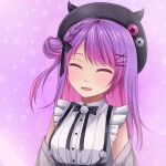  1girl :d black_bow bow bowtie closed_eyes eyebrows_visible_through_hair fake_horns fangs female hair_ornament hair_ribbon hat hololive open_mouth pink_background simple_background smile solo teeth tokoyami_towa violet_eyes virtual_youtuber zerorespect_bot 