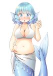  1girl arnest belly belly_grab blue_eyes blue_hair blush commentary_request commission curvy drill_locks eyebrows_visible_through_hair head_fins highres mermaid monster_girl muffin_top navel plump sarong skeb_commission swimsuit touhou wakasagihime weight_conscious 