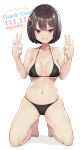  1girl bikini black_bikini breasts brown_hair clenched_teeth collarbone commentary_request full_body highres kneeling looking_at_viewer masco medium_breasts navel original red_eyes short_hair smile solo swimsuit teeth thank_you white_background 