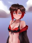  1girl ahoge armpit_crease bikini black_hair blurry_background breasts cleavage collarbone eyebrows female front-tie_bikini highres jacket looking_at_viewer navel redhead ruby_rose rwby short_hair silver_hair small_breasts solo swimsuit undressing zerorespect_bot 