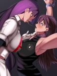 2girls absurdres after_kiss armpits arms_up black_background black_hair blue_eyes breast_press breasts chain chin_lift cuffs eye_contact green_(pokemon) highres large_breasts lisp_coc long_hair looking_at_another midriff multiple_girls navel open_mouth pokemon pokemon_adventures purple_hair red_eyes sabrina_(pokemon) saliva saliva_trail shackles simple_background sweat symmetrical_docking team_rocket_uniform tongue tongue_out upper_teeth yuri 