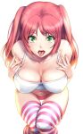 1girl bare_shoulders breasts camisole fingernails green_eyes hands_up highres large_breasts long_hair looking_at_viewer navel original panties pink_legwear pink_panties redhead saigado signature simple_background solo stomach striped striped_legwear thigh-highs tongue tongue_out twintails underwear white_background white_camisole 