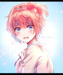  1girl aicedrop blue_eyes blush bow doki_doki_literature_club eyebrows_visible_through_hair from_side hair_bow looking_at_viewer open_mouth pink_hair red_bow ribbon sayori_(doki_doki_literature_club) school_uniform shirt short_hair simple_background solo sweat 
