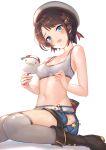  1girl bare_arms bare_shoulders belt beret black_footwear black_hair blue_eyes blue_shorts boots breasts frown grey_headwear grey_legwear hat highres hip_vent hololive looking_at_viewer medium_breasts midriff navel oozora_subaru open_mouth over-kneehighs short_hair short_shorts shorts simple_background sitting solo sports_bra stomach subaru_duck sweat thigh-highs thighs virtual_youtuber wariza white_background yougen_kitsune 