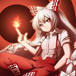  1girl aliasing bangs bow closed_mouth collar eyebrows_visible_through_hair fire fujiwara_no_mokou hair_between_eyes hand_in_pocket hand_up hoshii_1213 long_hair looking_to_the_side multicolored multicolored_bow pants red_background red_bow red_eyes red_pants shirt short_sleeves sitting smile solo touhou very_long_hair white_bow white_collar white_hair white_shirt white_sleeves 