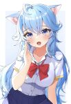  1girl :o absurdres ahoge animal_ear_fluff animal_ears bangs blue_eyes blue_hair blue_skirt blush bow bowtie breasts cat_ears collared_shirt dress_shirt eyebrows_visible_through_hair hair_between_eyes hand_up highres indie_virtual_youtuber kanase_ito large_breasts long_hair looking_at_viewer red_bow red_neckwear school_uniform shirt short_sleeves skirt solo tate_yukimi upper_body very_long_hair virtual_youtuber white_shirt 