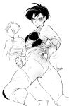  1girl armor ass boots bowalia dragon_ball dragon_ball_(classic) gloves greyscale leotard looking_at_viewer monkey_tail monochrome saiyan_armor scouter seripa short_hair simple_background solo tail thigh-highs 