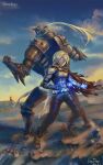  2boys alphonse_elric armor artist_name back-to-back bare_pectorals belt belt_chain blonde_hair blue_sky boots brothers cape casting_spell clouds commentary_request dawn desert edward_elric electricity fighting_stance flamel_symbol full_armor full_body fullmetal_alchemist glowing glowing_eyes highres lan_dian magic mechanical_arms multiple_boys pectorals rebar siblings single_mechanical_arm sky spiked_armor standing torn_cape torn_clothes 