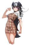  alternate_costume black_hair black_neckwear bracelet brown_dress casual commentary_request cowboy_shot dress great_auk_(kemono_friends) hair_tie highres jewelry kemono_friends long_hair multicolored_hair pencil_dress pleated_dress shirt short_sleeves t-shirt tanabe_(fueisei) two-tone_hair violet_eyes white_background white_hair white_shirt 