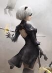  1girl back_cutout black_gloves black_hairband black_legwear blindfold breasts cheesewoo1 clothing_cutout dress floating floating_object floating_sword floating_weapon from_side gloves hairband highres katana nier_(series) nier_automata short_hair solo sword thigh-highs weapon white_hair yorha_no._2_type_b zettai_ryouiki 