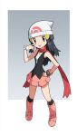  1girl beanie black_hair black_legwear boots border bracelet closed_mouth hikari_(pokemon) eyelashes full_body grey_background grey_eyes hair_ornament hairclip hand_on_hip hand_up hat highres jewelry kneehighs knees long_hair looking_at_viewer outside_border pink_footwear pokemon pokemon_(game) pokemon_dppt red_scarf scarf sleeveless smile solo standing tongue tongue_out white_border white_headwear yoshi_(moco1) 