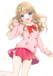  1girl :d bare_legs blonde_hair blue_eyes blush bow cardigan collared_shirt commentary_request eyebrows_visible_through_hair looking_at_viewer mewkledreamy open_mouth pink_cardigan red_bow red_skirt shirt skirt sleeves_past_wrists smile solo star_(symbol) tiramisu651 tsukishima_maira white_shirt 