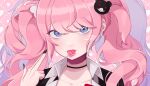  1girl absurdres artist_name bangs bear_hair_ornament black_nails black_shirt blue_eyes breasts candy choker collarbone commentary_request dangan_ronpa:_trigger_happy_havoc dangan_ronpa_(series) enoshima_junko eyebrows_visible_through_hair food hair_ornament hand_up highres lollipop long_hair looking_at_viewer marchen_(mental_health) nail_polish necktie pink_background pink_hair portrait shiny shiny_hair shirt smile solo tongue tongue_out twintails v 