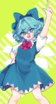  +_+ 1girl arm_above_head arm_up blue_bow blue_dress blue_eyes blue_hair bow bowtie breasts chromatic_aberration cirno commentary_request dress eyebrows_visible_through_hair fang feet_out_of_frame garan_co green_background hair_between_eyes hair_bow hand_on_hip highres ice ice_wings index_finger_raised pinafore_dress puffy_short_sleeves puffy_sleeves red_bow red_neckwear short_hair short_sleeves simple_background small_breasts solo standing thick_eyebrows touhou v-shaped_eyebrows wings 