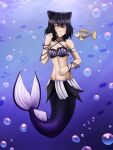  1girl air_bubble black_hair blake_belladonna breasts cat_ears eyebrows_visible_through_hair female looking_at_viewer mermaid rwby seashell_bra short_hair sitting_on_rock solo underwater water yellow_eyes zerorespect_bot 