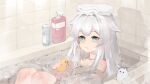  1girl animal_ears arknights bathing bathroom bathtub cat_ears commentary highres korean_commentary libiadan long_hair partially_submerged rosmontis_(arknights) rubber_duck shadow signature soap_bottle solo submerged tiles towel towel_on_head wet white_hair 